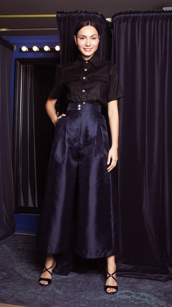 High Waist Double MOP Wide Hem Pants - Shimmery Navy Blue Gazar