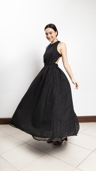 Elastic Waist Criss Cross Back Dress - Black Eyelet