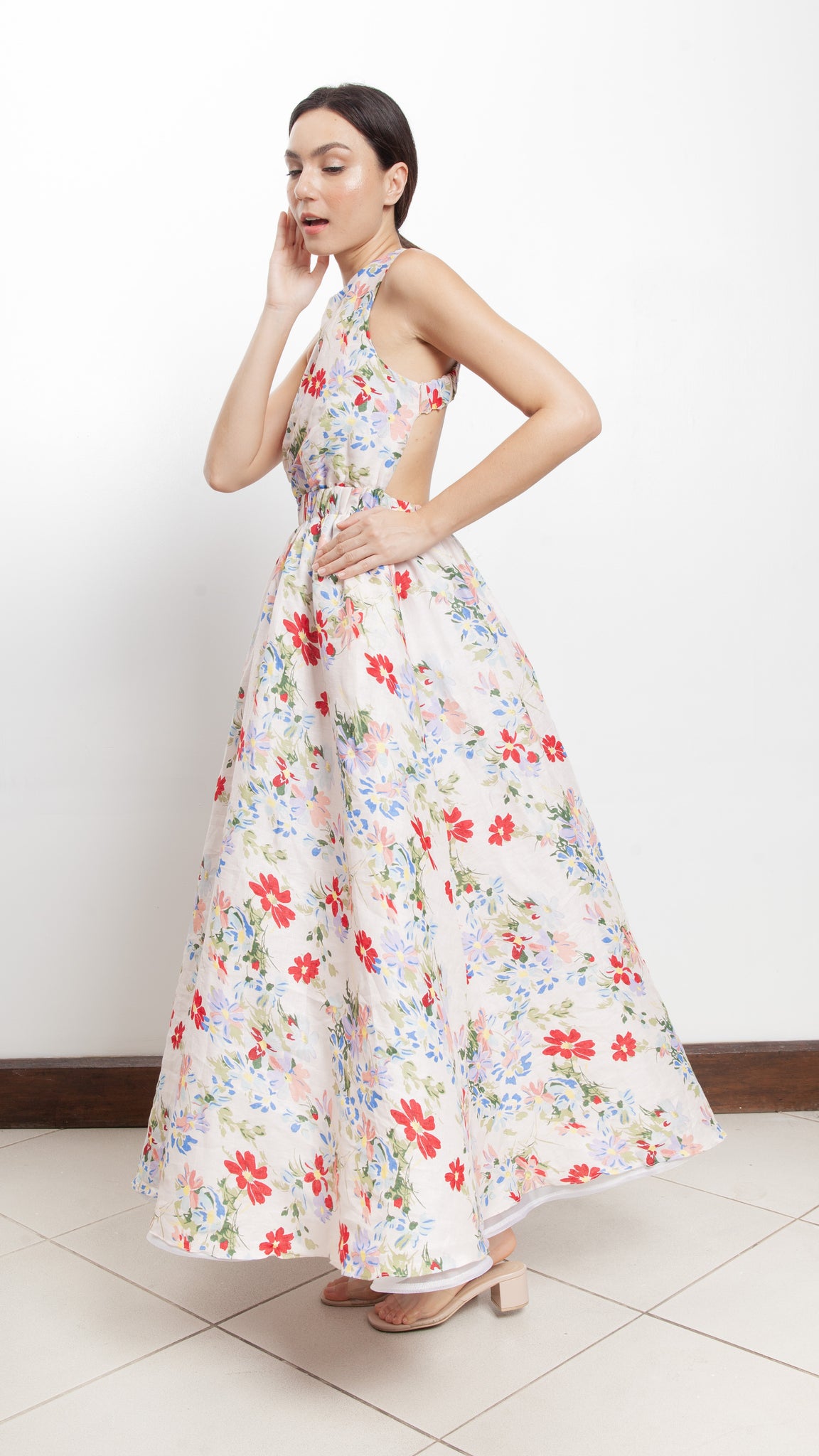 Elastic Waist Criss Cross Back Dress - Pink Floral Linen