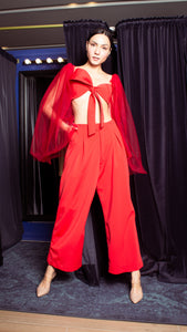 Front Pleat Double MOP Pants - Fiery Red Stretch