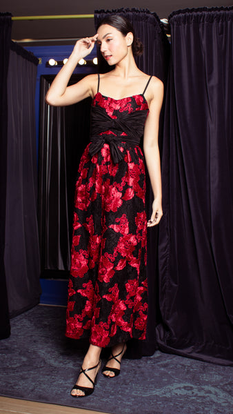 Double Front E-Pleat Ribbon Wide Hem Jumpsuit - Red and Black Heavy Lace