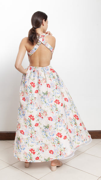 Elastic Waist Criss Cross Back Dress - Pink Floral Linen