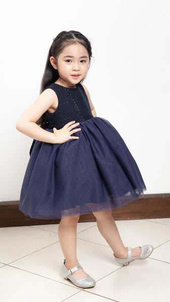 Sleeveless Midi Tulle Dress - Navy Blue Tweed