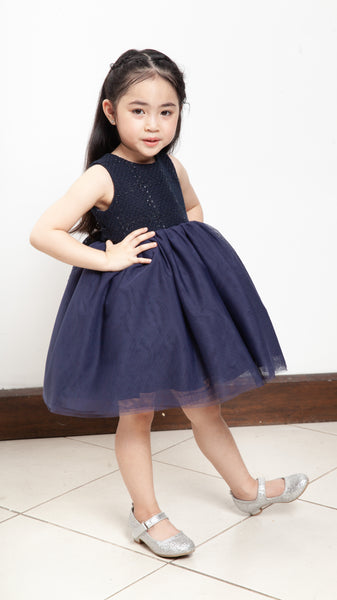 Sleeveless Midi Tulle Dress - Navy Blue Tweed