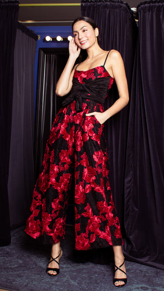 Double Front E-Pleat Ribbon Wide Hem Jumpsuit - Red and Black Heavy Lace