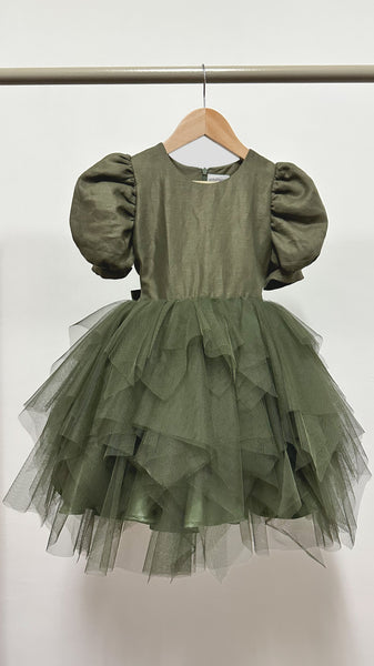 Puff Sleeve Midi Uneven Hem Tulle Dress - Army Green Linen