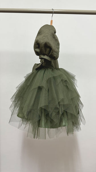 Puff Sleeve Midi Uneven Hem Tulle Dress - Army Green Linen