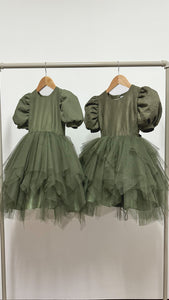 Puff Sleeve Midi Uneven Hem Tulle Dress - Army Green Linen