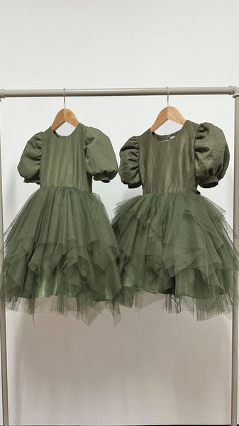 Puff Sleeve Midi Uneven Hem Tulle Dress - Army Green Linen