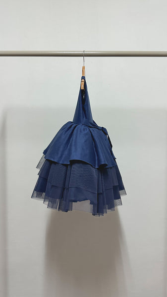 Sleeveless Tiered Linen and Tulle Dress - Blue