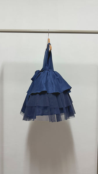 Sleeveless Tiered Linen and Tulle Dress - Blue