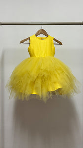 Sleeveless Midi Uneven Hem Tulle Dress - Dark Yellow Linen