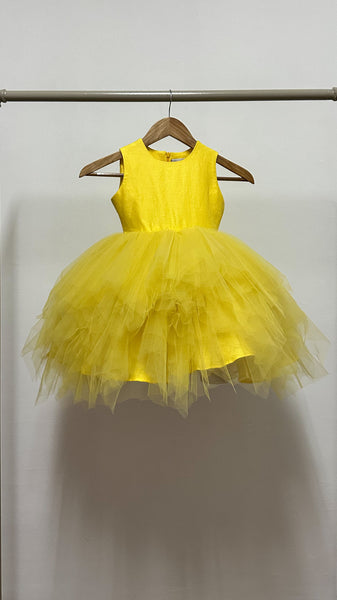 Sleeveless Midi Uneven Hem Tulle Dress - Dark Yellow Linen