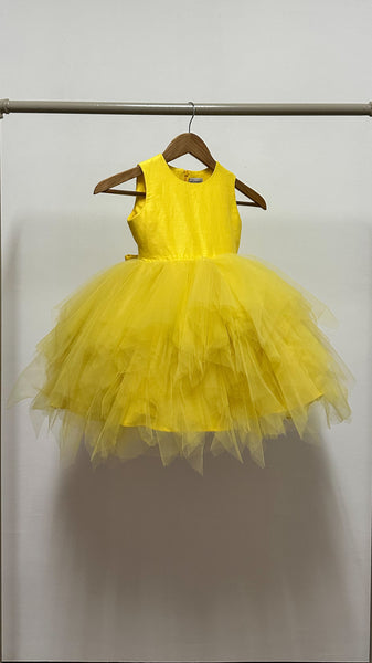 Sleeveless Midi Uneven Hem Tulle Dress - Dark Yellow Linen