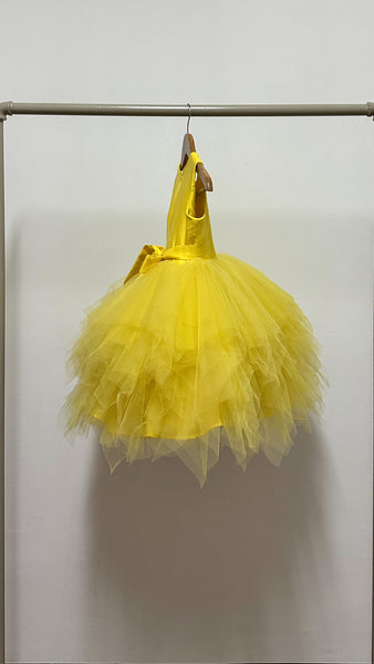 Sleeveless Midi Uneven Hem Tulle Dress - Dark Yellow Linen