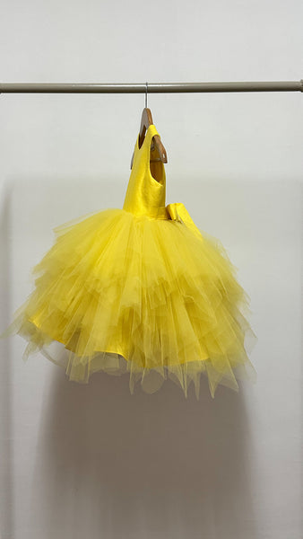 Sleeveless Midi Uneven Hem Tulle Dress - Dark Yellow Linen