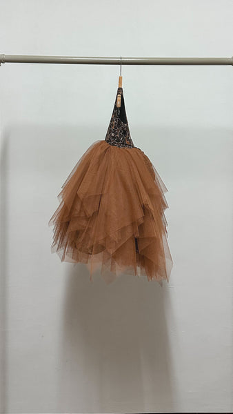 Sleeveless Midi Uneven Hem Tulle Dress - Brown Floral Satin