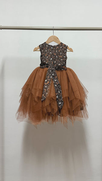 Sleeveless Midi Uneven Hem Tulle Dress - Brown Floral Satin