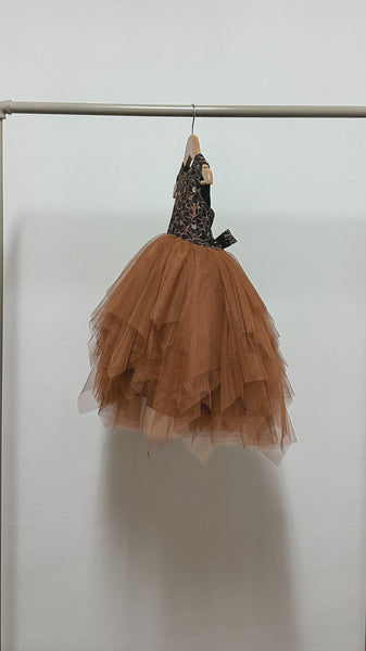 Sleeveless Midi Uneven Hem Tulle Dress - Brown Floral Satin
