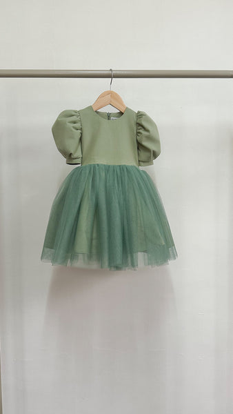Puff Sleeve Midi Tulle Dress - Sage Linen