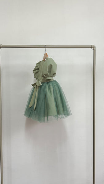 Puff Sleeve Midi Tulle Dress - Sage Linen