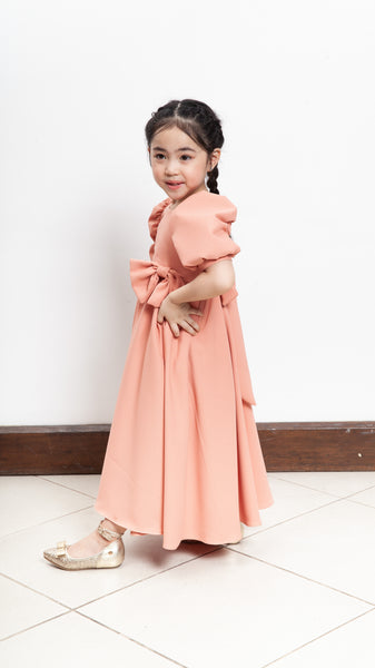 Puff Sleeve Maxi Dress with Ribbon Detail - Peach Crepe