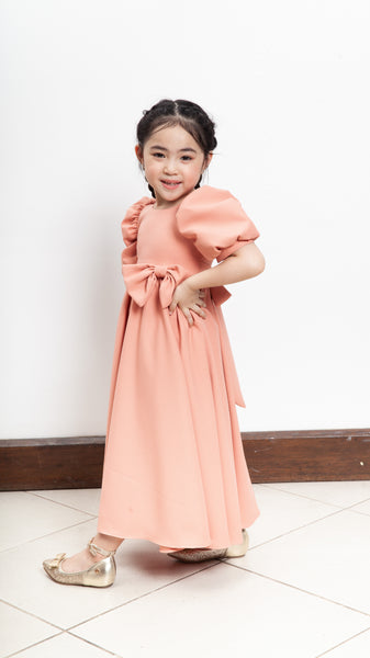 Puff Sleeve Maxi Dress with Ribbon Detail - Peach Crepe