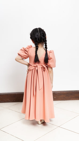 Puff Sleeve Maxi Dress with Ribbon Detail - Peach Crepe