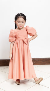 Puff Sleeve Maxi Dress with Ribbon Detail - Peach Crepe