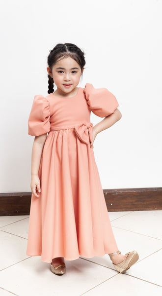 Puff Sleeve Maxi Dress with Ribbon Detail - Peach Crepe