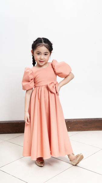 Puff Sleeve Maxi Dress with Ribbon Detail - Peach Crepe