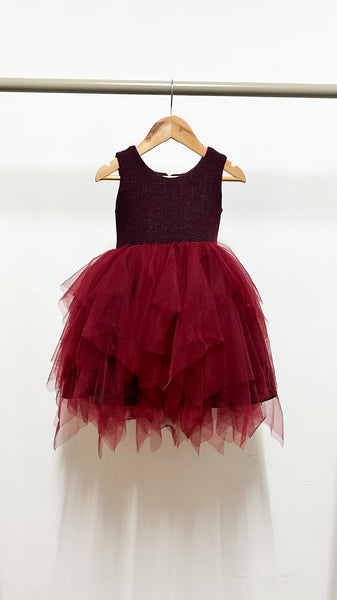 Sleeveless Midi Uneven Hem Tulle Dress - Maroon Tweed