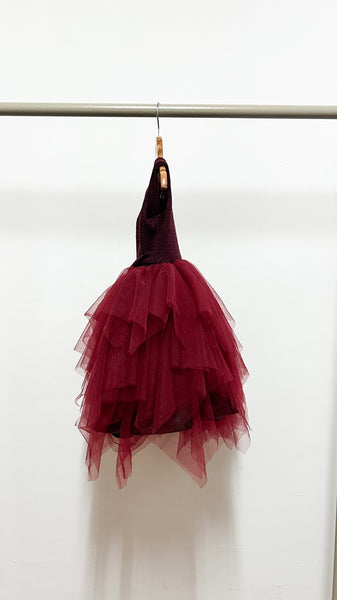 Sleeveless Midi Uneven Hem Tulle Dress - Maroon Tweed