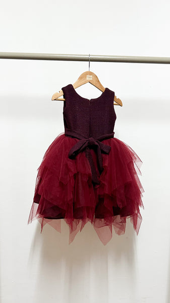 Sleeveless Midi Uneven Hem Tulle Dress - Maroon Tweed