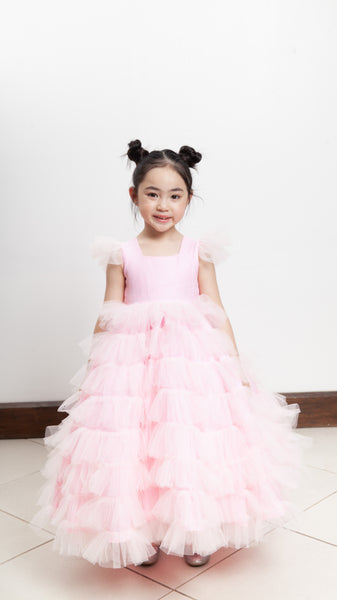 Short Sleeve Tiered Maxi Dress with Petticoat - Baby Pink Linen