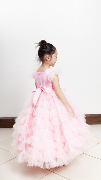 Short Sleeve Tiered Maxi Dress with Petticoat - Baby Pink Linen