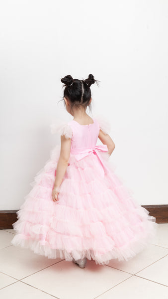 Short Sleeve Tiered Maxi Dress with Petticoat - Baby Pink Linen