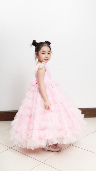 Short Sleeve Tiered Maxi Dress with Petticoat - Baby Pink Linen