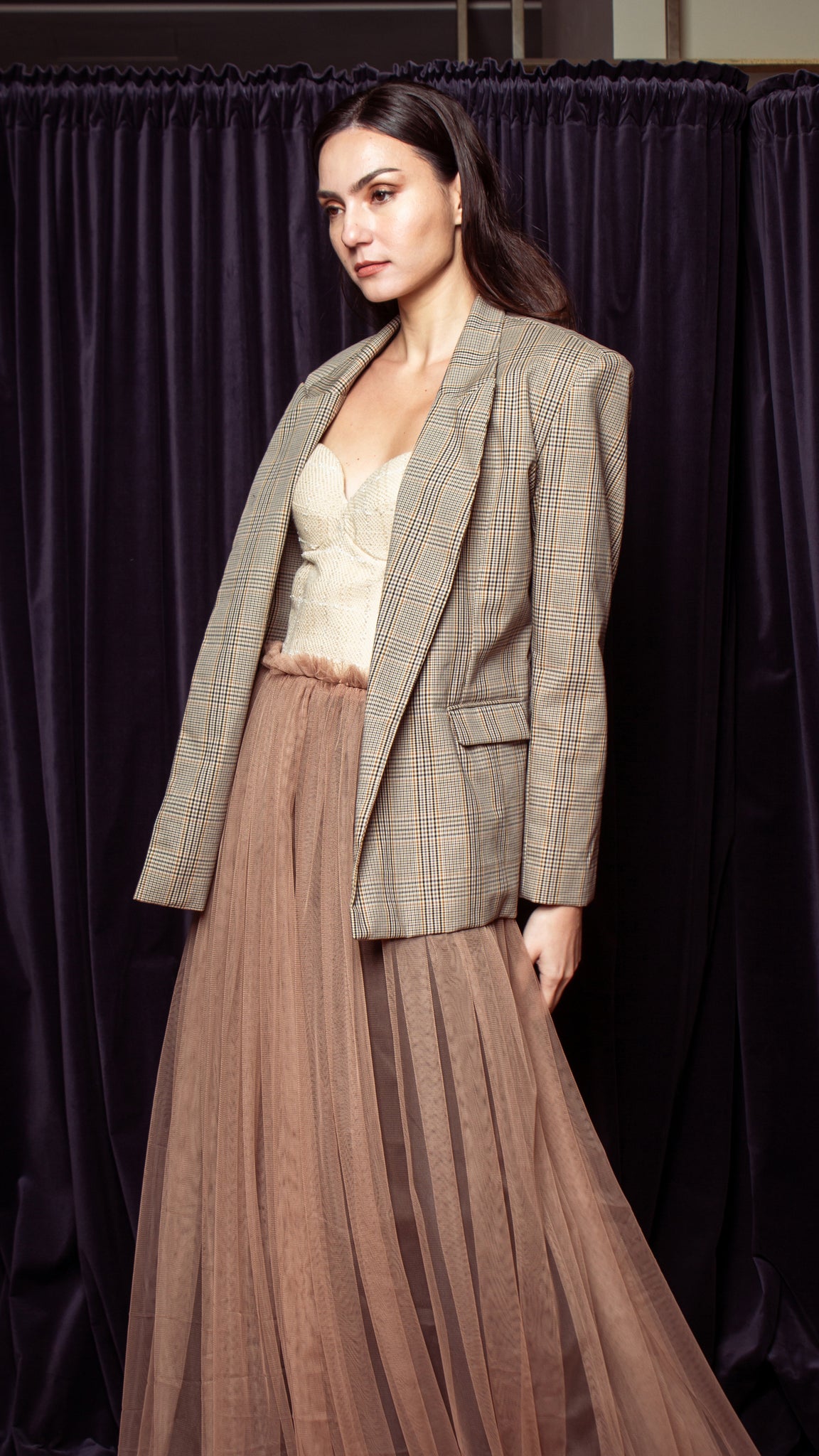 Gathered Elastic Waist Tulle Skirt - Light brown