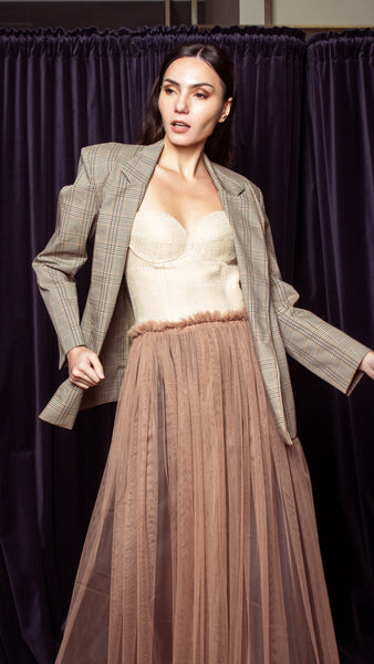 Gathered Elastic Waist Tulle Skirt - Light brown