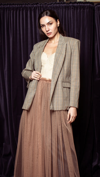 Gathered Elastic Waist Tulle Skirt - Light brown