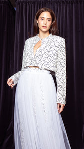 Gathered Elastic Waist Tulle Skirt - White