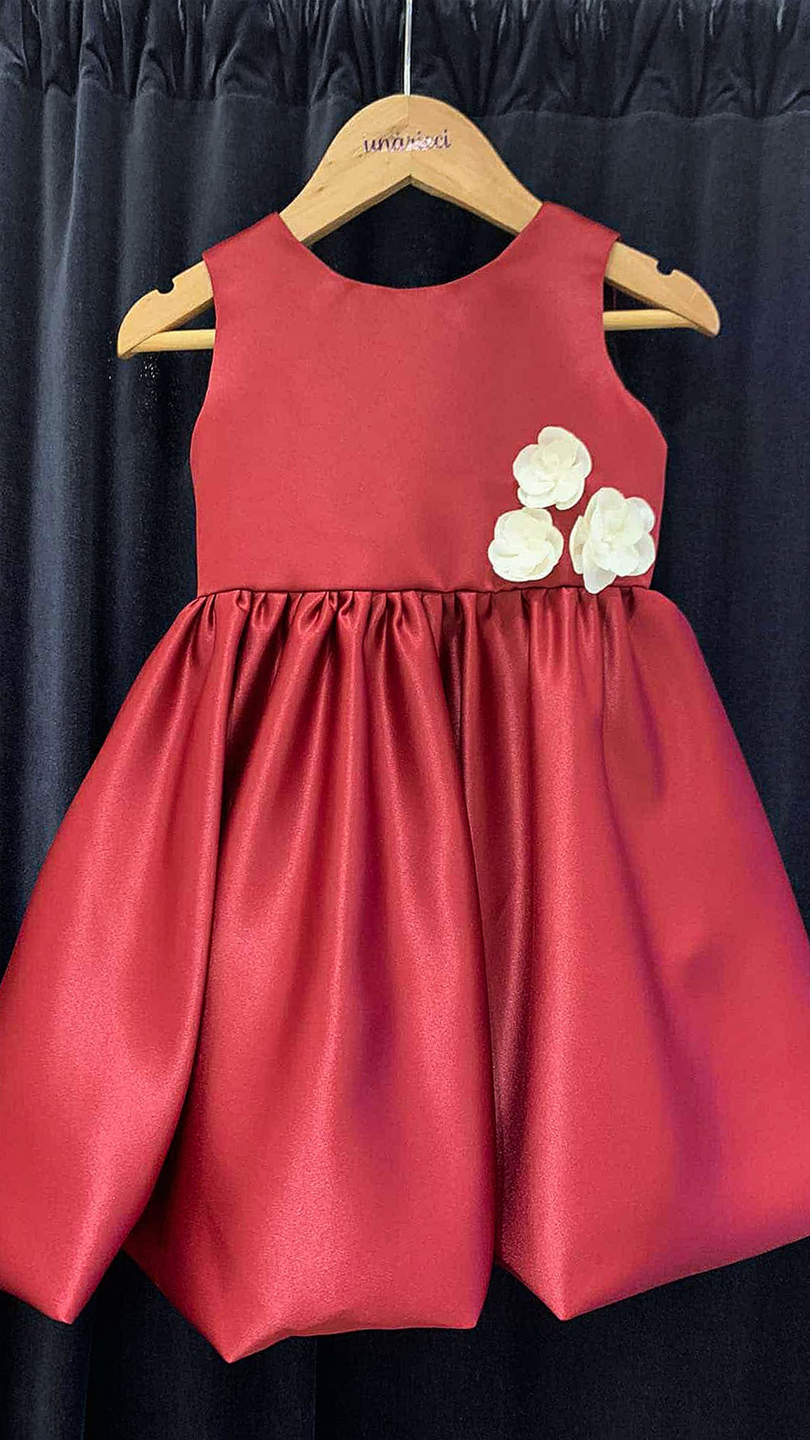 Sleeveless Mushroom Dress with Florets - Maroon Duchess Satin