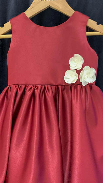 Sleeveless Mushroom Dress with Florets - Maroon Duchess Satin