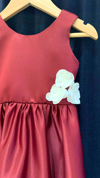 Sleeveless Maxi Dress with Florettes - Maroon Duchess Satin