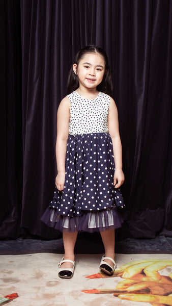 White Polka Top / Blue Polka Skirt Sleeveless Midi Dress