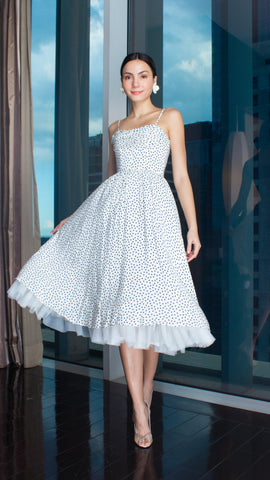 Spaghetti Strap Pleated Pleated Bust Polka Dot Balloon Midi Dress